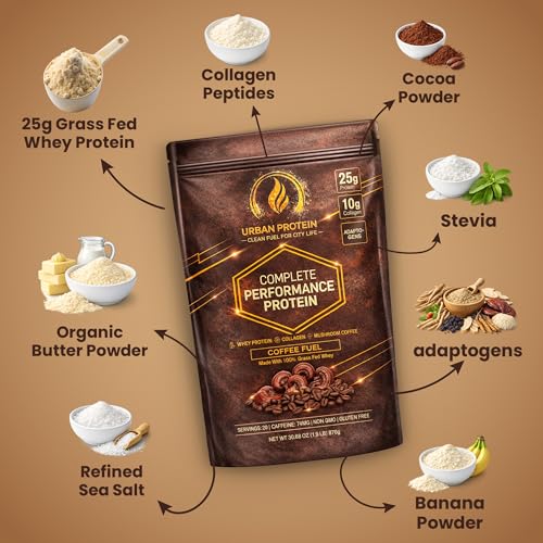 Complete Performance Coffee Protein Shake Powder |1.9LB| 25g Grass-Fed Whey + 10g Collagen | 74mg Caffeine | Lion’s Mane, Reishi & Cordyceps | Energy, Focus & Wellness Support | No Sugar | 20 Servings