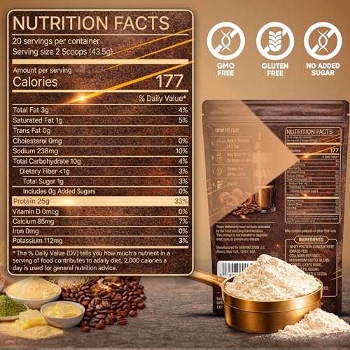 Complete Performance Coffee Protein Shake Powder |1.9LB| 25g Grass-Fed Whey + 10g Collagen | 74mg Caffeine | Lion’s Mane, Reishi & Cordyceps | Energy, Focus & Wellness Support | No Sugar | 20 Servings