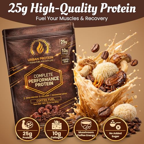 Complete Performance Coffee Protein Shake Powder |1.9LB| 25g Grass-Fed Whey + 10g Collagen | 74mg Caffeine | Lion’s Mane, Reishi & Cordyceps | Energy, Focus & Wellness Support | No Sugar | 20 Servings