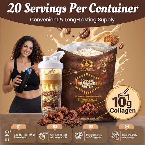 Complete Performance Coffee Protein Shake Powder |1.9LB| 25g Grass-Fed Whey + 10g Collagen | 74mg Caffeine | Lion’s Mane, Reishi & Cordyceps | Energy, Focus & Wellness Support | No Sugar | 20 Servings