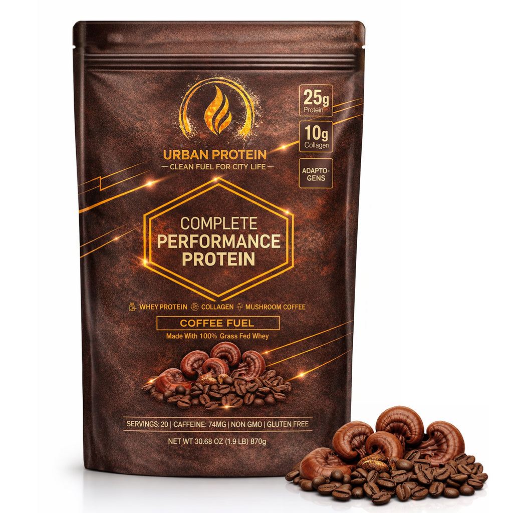 URBANPROTEIN COFFEE FUEL Protein Powder – 25g Grass-Fed Whey, 10g Collagen Peptides, 74mg Caffeine, Mushroom Coffee with Lion’s Mane, Reishi & Cordyceps, No Added Sugar, Gluten Free - 20 Servings