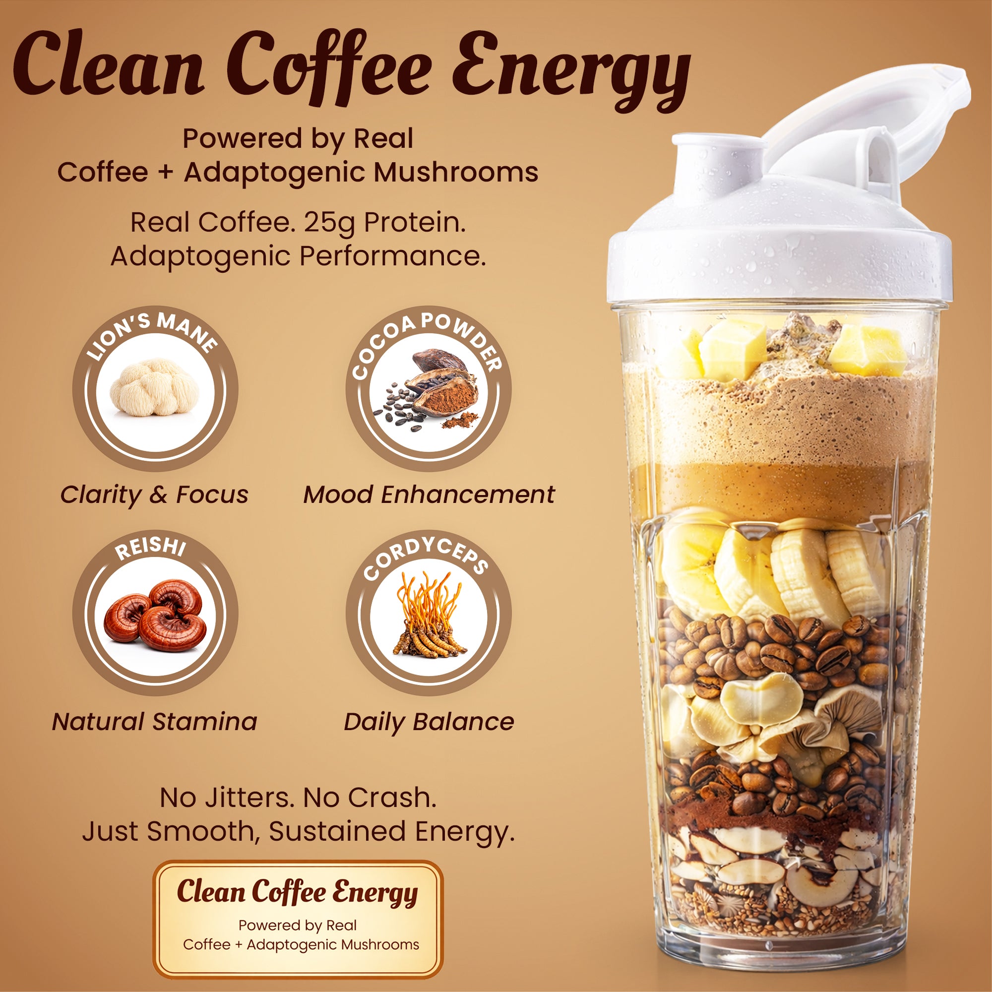 URBANPROTEIN COFFEE FUEL Protein Powder – 25g Grass-Fed Whey, 10g Collagen Peptides, 74mg Caffeine, Mushroom Coffee with Lion’s Mane, Reishi & Cordyceps, No Added Sugar, Gluten Free - 20 Servings