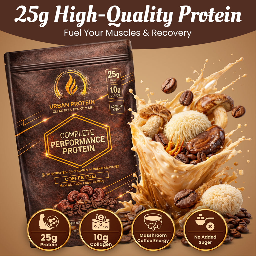 URBANPROTEIN COFFEE FUEL Protein Powder – 25g Grass-Fed Whey, 10g Collagen Peptides, 74mg Caffeine, Mushroom Coffee with Lion’s Mane, Reishi & Cordyceps, No Added Sugar, Gluten Free - 20 Servings