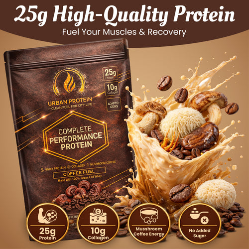 URBANPROTEIN COFFEE FUEL Protein Powder – 25g Grass-Fed Whey, 10g Collagen Peptides, 74mg Caffeine, Mushroom Coffee with Lion’s Mane, Reishi & Cordyceps, No Added Sugar, Gluten Free - 20 Servings
