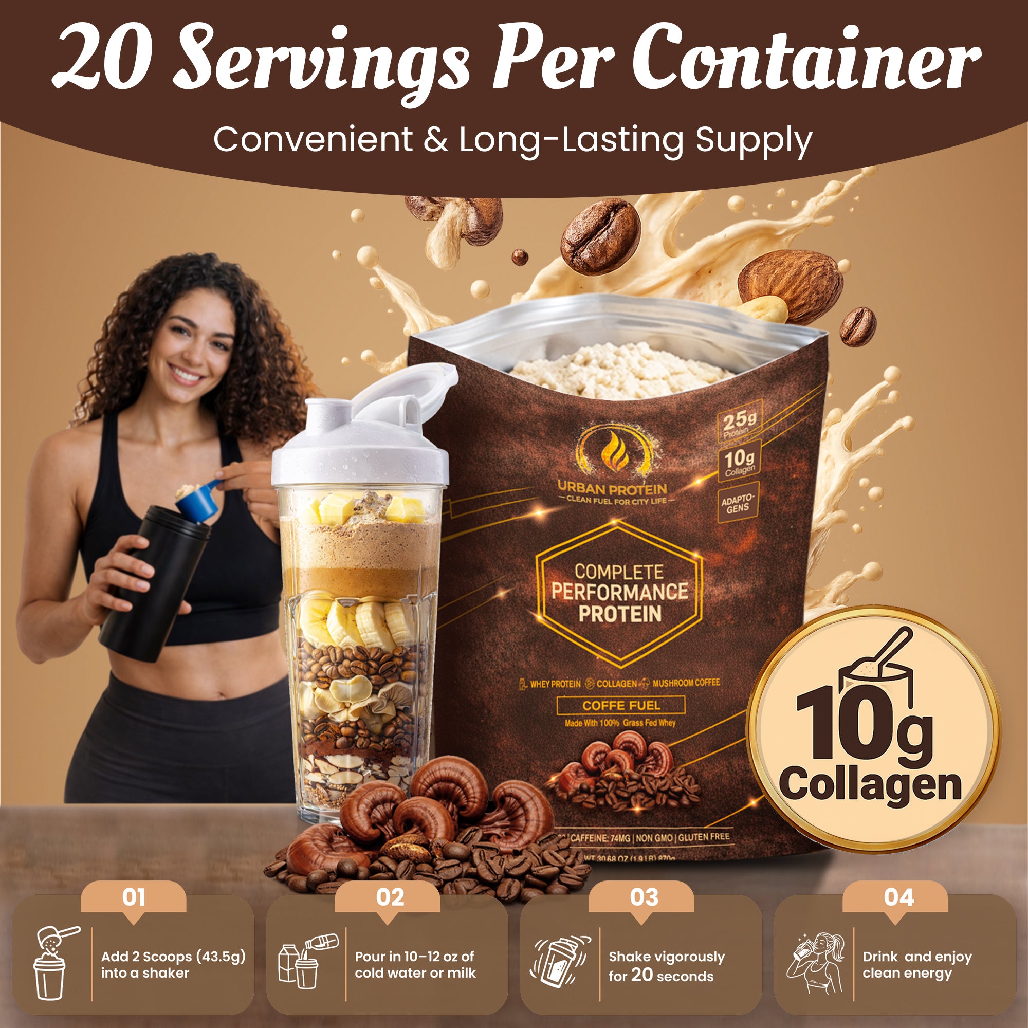 URBANPROTEIN COFFEE FUEL Protein Powder – 25g Grass-Fed Whey, 10g Collagen Peptides, 74mg Caffeine, Mushroom Coffee with Lion’s Mane, Reishi & Cordyceps, No Added Sugar, Gluten Free - 20 Servings