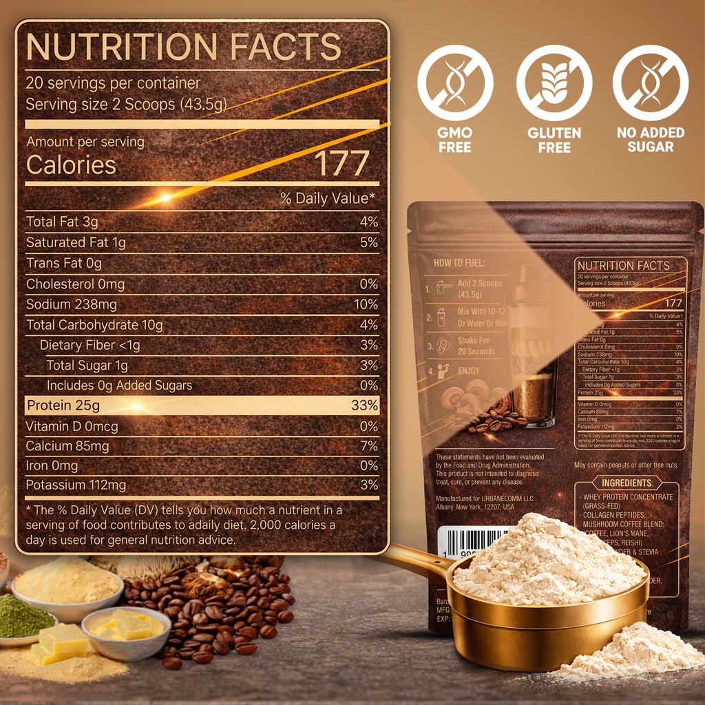 URBANPROTEIN COFFEE FUEL Protein Powder – 25g Grass-Fed Whey, 10g Collagen Peptides, 74mg Caffeine, Mushroom Coffee with Lion’s Mane, Reishi & Cordyceps, No Added Sugar, Gluten Free - 20 Servings