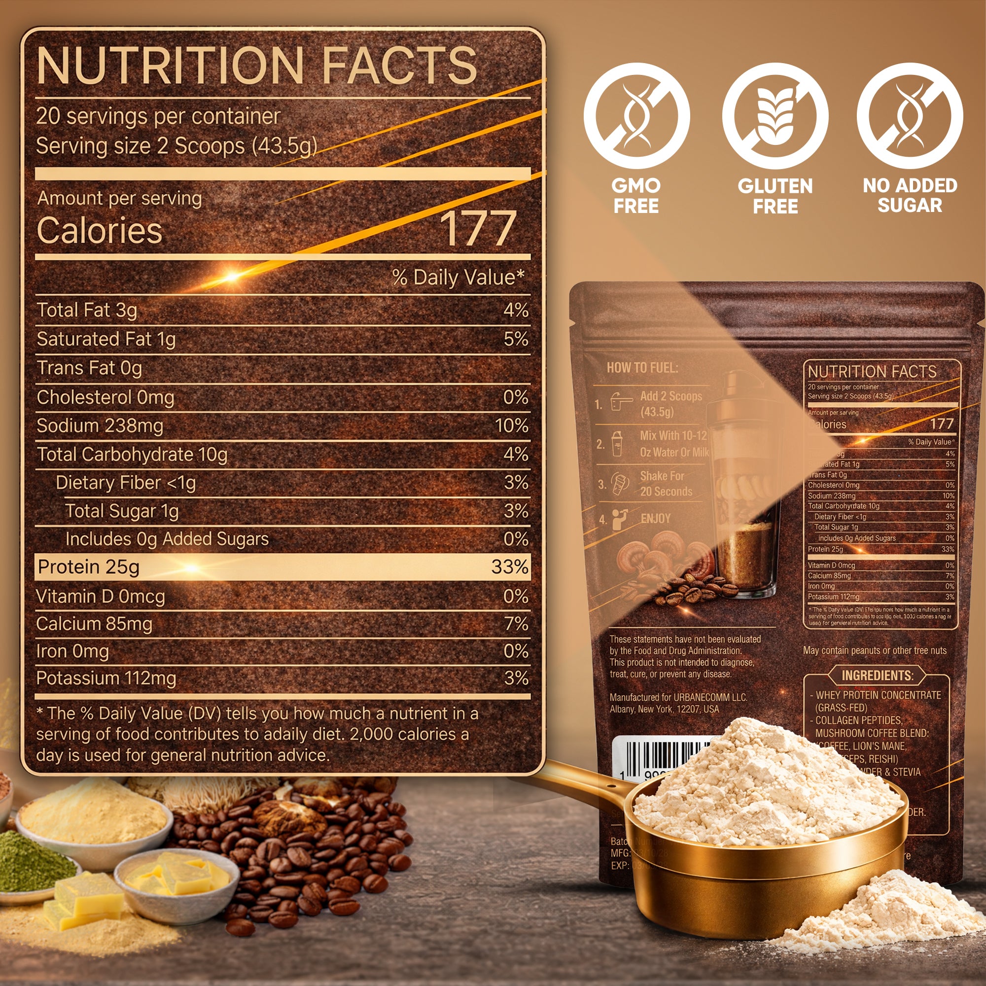 URBANPROTEIN COFFEE FUEL Protein Powder – 25g Grass-Fed Whey, 10g Collagen Peptides, 74mg Caffeine, Mushroom Coffee with Lion’s Mane, Reishi & Cordyceps, No Added Sugar, Gluten Free - 20 Servings