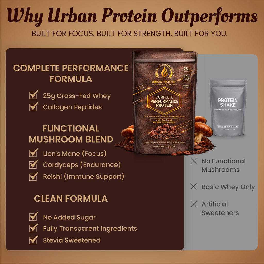 URBANPROTEIN COFFEE FUEL Protein Powder – 25g Grass-Fed Whey, 10g Collagen Peptides, 74mg Caffeine, Mushroom Coffee with Lion’s Mane, Reishi & Cordyceps, No Added Sugar, Gluten Free - 20 Servings
